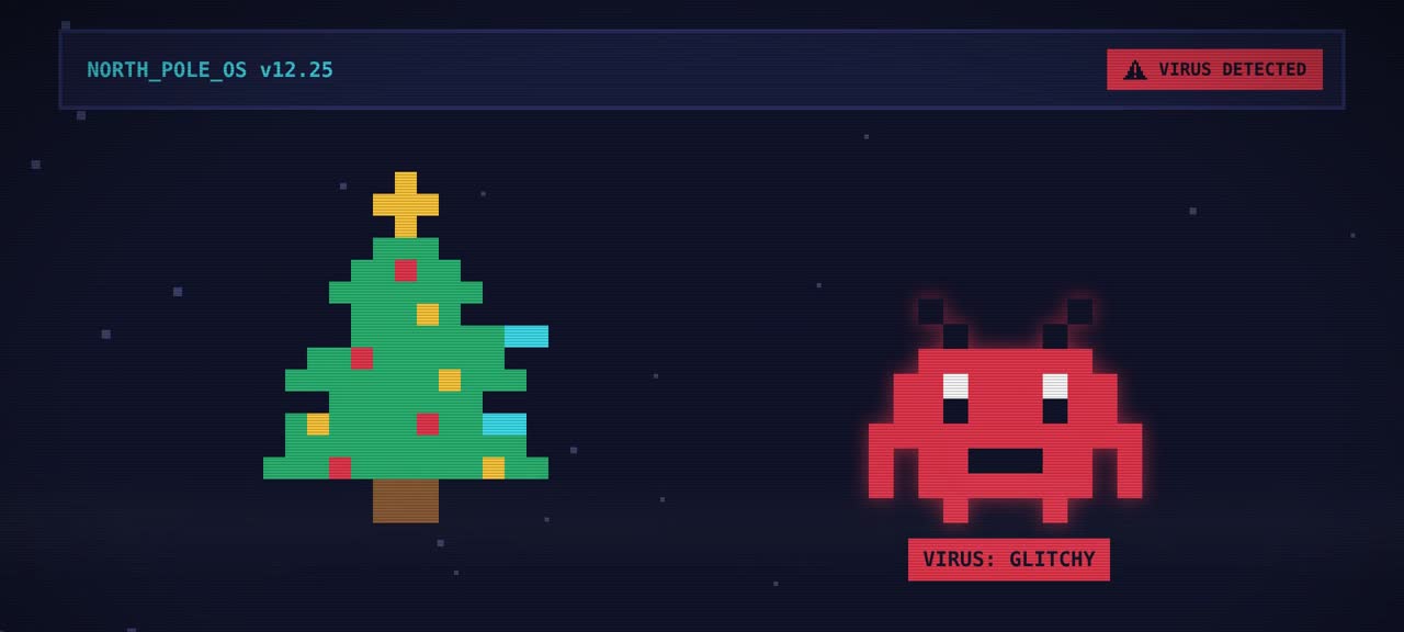 Pixel Christmas tree glitching next to GLITCHY, a red pixel virus