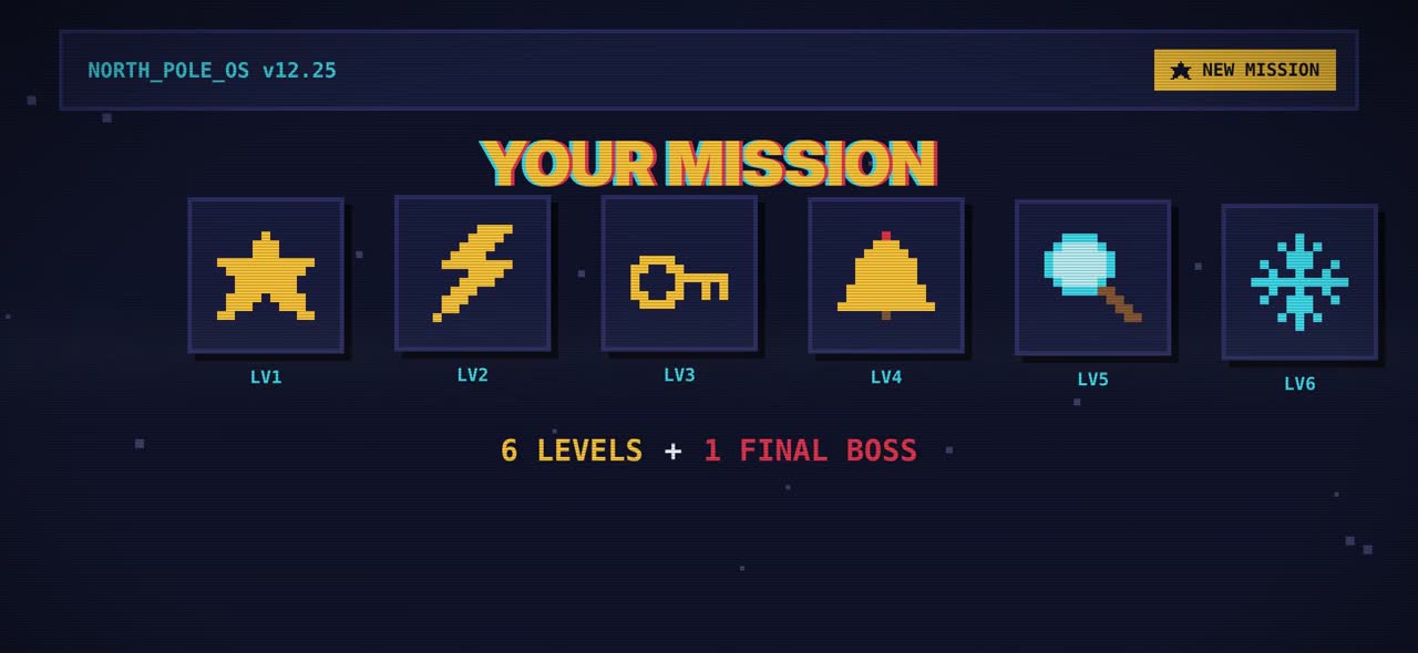 Mission screen showing the 6 level icons and the final boss